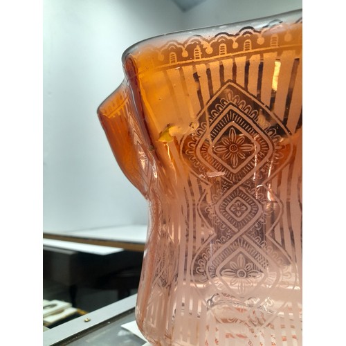 25 - Stunning antique amber/orange glass oil lamp shade with intricate etched geometric patterns and a wa... 