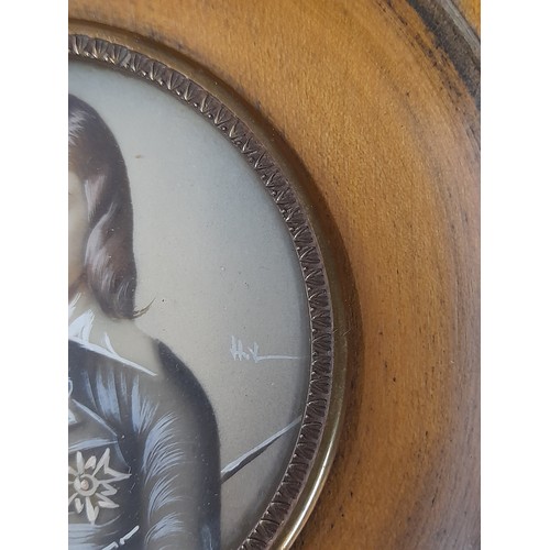 142 - Pair of Hand-painted miniature portraits of man and woman in Renaissance attire, each framed in circ... 