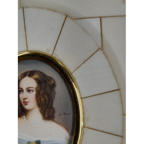 148 - Antique miniature portrait painting on porcelain  of a lady, signed, encased in a bone and gold fram... 