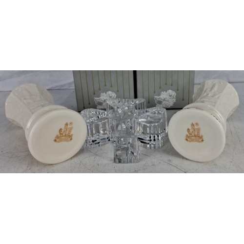 36 - Two Belleek pottery vases with a gold trim, along with a Waterford crystal shamrock-shaped crystal p... 