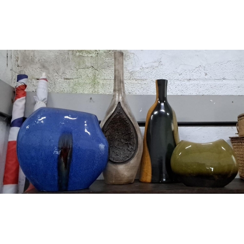 47 - Collection of four large modern decorative vases in various materials and finishes, including blue g... 