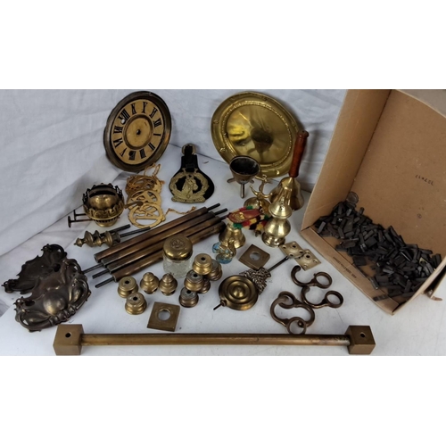 62 - Collection of antique brass fittings including clock face, candlesticks, plates, hardware, and decor... 