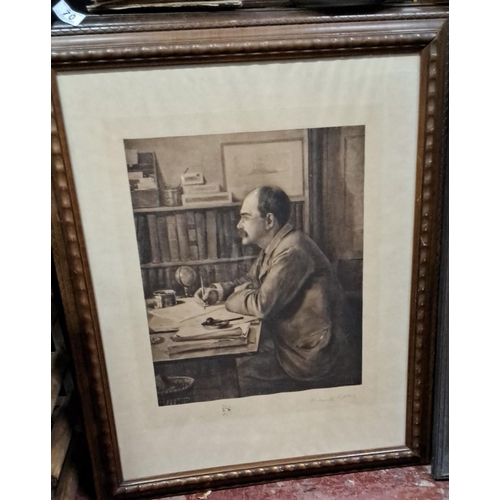 70 - A collection of framed artworks. This includes a sepia-toned print of a seated man signed by the art... 