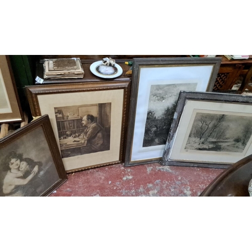 70 - A collection of framed artworks. This includes a sepia-toned print of a seated man signed by the art... 