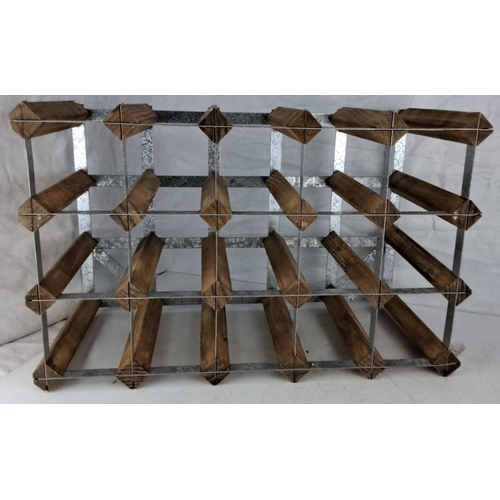 71 - Vintage metal and wood wine rack can hold up to 20 bottles. It is built with a sturdy galvanized ste... 