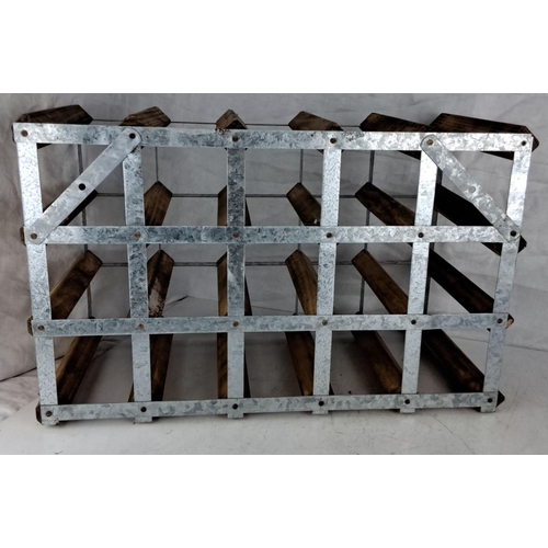 71 - Vintage metal and wood wine rack can hold up to 20 bottles. It is built with a sturdy galvanized ste... 