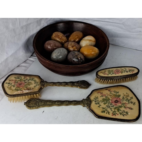 75 - Vintage wooden bowl containing eight polished stone eggs. Including a vintage three piece dressing t... 