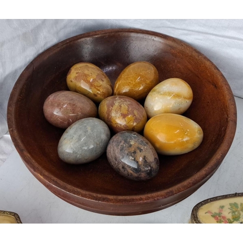 75 - Vintage wooden bowl containing eight polished stone eggs. Including a vintage three piece dressing t... 