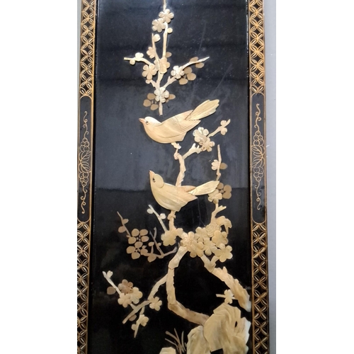 79 - This is an intricately carved panel that features mother of pearl birds on a flowering branch. The d... 