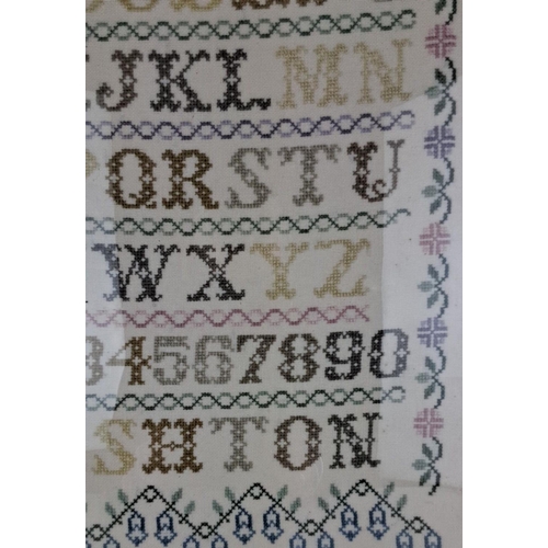 8 - Framed vintage cross-stitch alphabet sampler features letters and numbers, with 