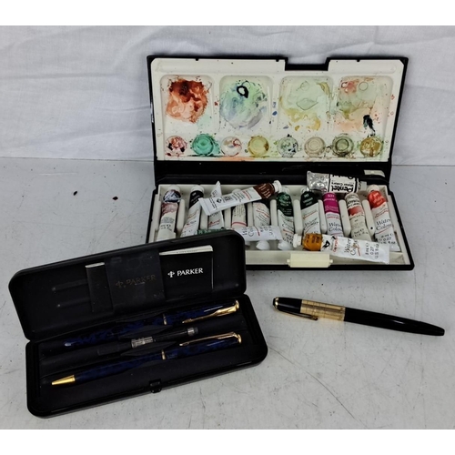 92 - Mixed lot includes a set of artist watercolor paints and a Parker pen set with case and another coll... 