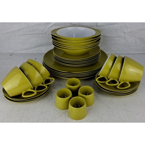 95 - Vintage Gaydon Melmex tableware picnic set is green. It includes plates, bowls, cups, and egg cups. ... 