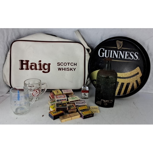 96 - A Haig Scotch Whisky bag, a Guinness serving tray, various vintage matchboxes, a Gordon's Special Dr... 