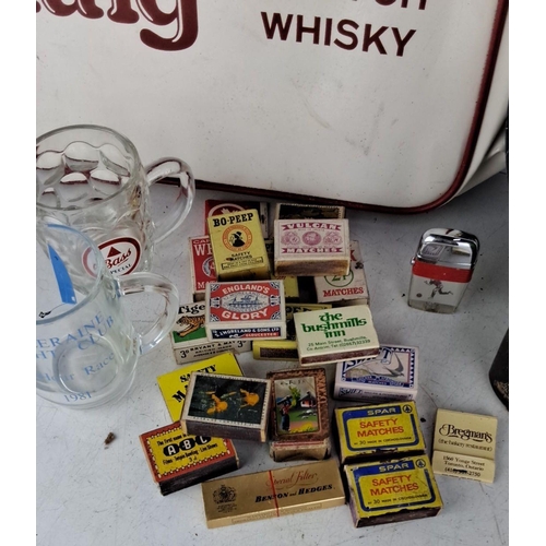 96 - A Haig Scotch Whisky bag, a Guinness serving tray, various vintage matchboxes, a Gordon's Special Dr... 