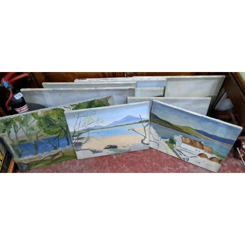 99 - Set of twelve landscape oil paintings on canvas, showcasing various natural scenes and rural setting... 