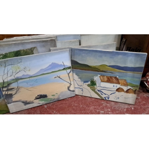 99 - Set of twelve landscape oil paintings on canvas, showcasing various natural scenes and rural setting... 