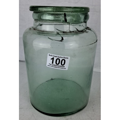 100 - Antique glass jar with lid, embossed with 