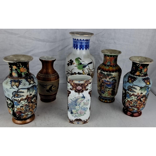 103 - Collection of six decorative vases features intricate hand-painted designs, includes floral motifs, ... 