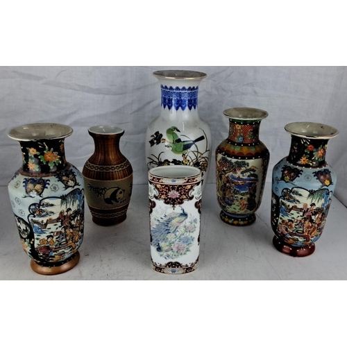 103 - Collection of six decorative vases features intricate hand-painted designs, includes floral motifs, ... 