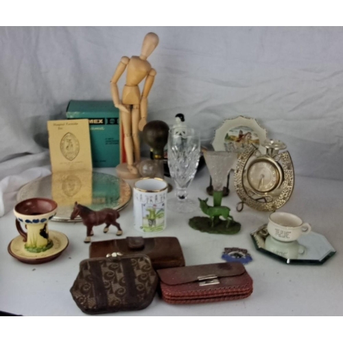 104 - Mixed lot of items to include a wooden artist's mannequin, crystal glassware, a metal table clock, c... 