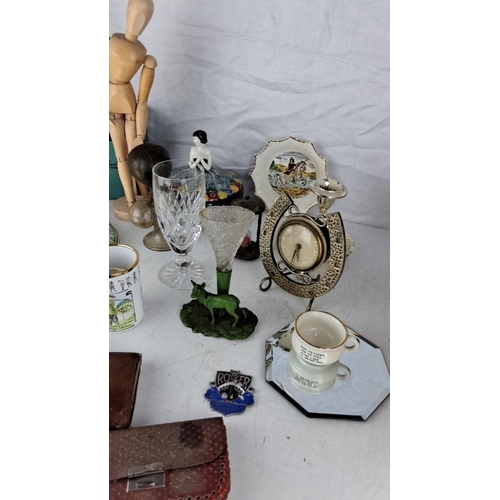 104 - Mixed lot of items to include a wooden artist's mannequin, crystal glassware, a metal table clock, c... 