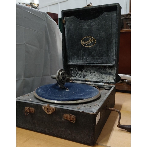 471 - Vintage Edison-Bell portable gramophone from the early 20th century features black casing and manual... 