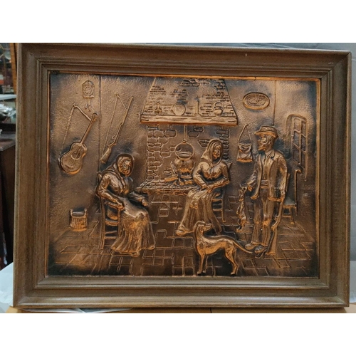 478 - Copper relief wall art displays a rustic scene with figures and a hearth. It is marked 