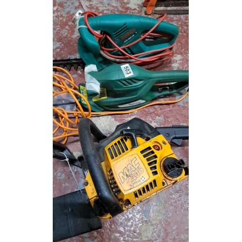 503 - The lot includes a Bosch AHS 480-16 hedge trimmer, a McCulloch Mac 436 chainsaw, and an electric gra... 