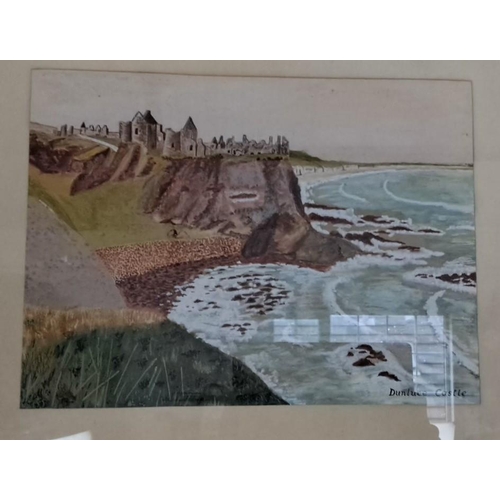 15 - A pair of framed watercolour paintings depict coastal scenes. One is labelled 