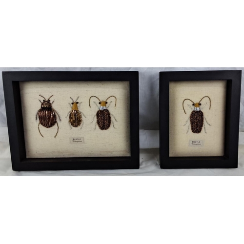 19 - 2 Framed beetle specimens embroidered on fabric, tagged as 'Beetle Coleoptera.' Measuring 20x26cm & ... 