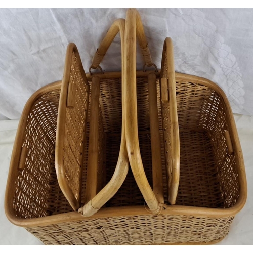 37 - Wicker picnic basket with dual hinged lids and double handles. Natural woven wicker construction.