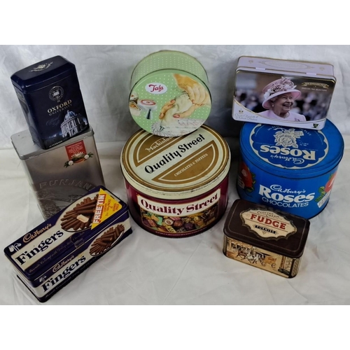 40 - 8 vintage metal tins. It includes Oxford University, Quality Street, Cadbury's Roses, and various ot... 