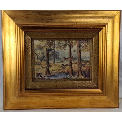 74 - This is an oil painting of a forest landscape, artist-signed, encased in a golden wooden frame.  Mea... 