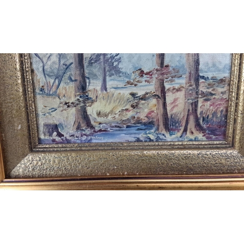 74 - This is an oil painting of a forest landscape, artist-signed, encased in a golden wooden frame.  Mea... 