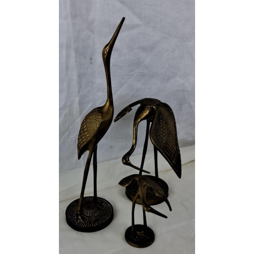 76 - A set of three vintage brass crane sculptures with varying poses.