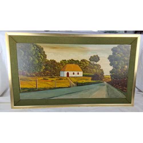 79 - An original oil painting by Pat O'Neill. The painting features a rural house surrounded by lush gree... 