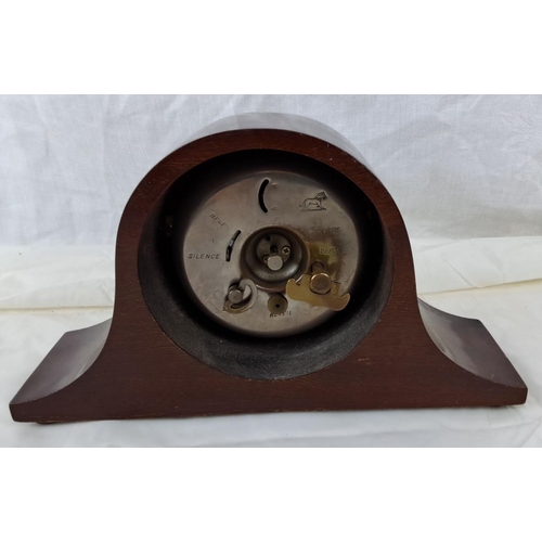 80 - French mantel clock with brass bezel in mahogany case, featuring lion trademark. From the early 20th... 