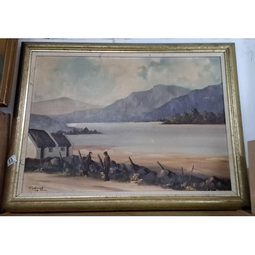 83 - An original oil on canvas landscape painting signed 'McCullough'. It features two figures by a lakes... 