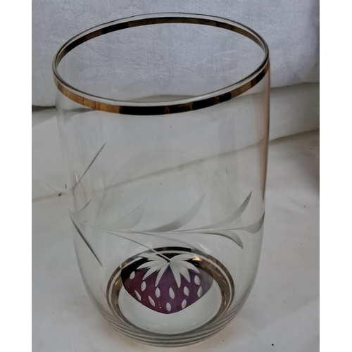 104 - The set includes six clear glasses. Each glass features an etched strawberry design and gold trim.