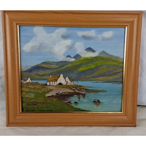 105 - The item is an oil painting by A. Harkness. It depicts a serene landscape with cottages by a lake. T... 