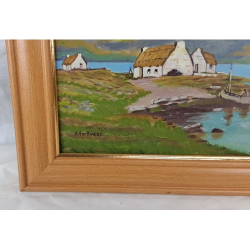 105 - The item is an oil painting by A. Harkness. It depicts a serene landscape with cottages by a lake. T... 