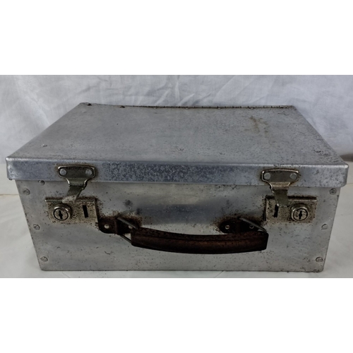 115 - Vintage metal storage lockbox featuring dual latches and a handle. The interior is raw metal. The di... 