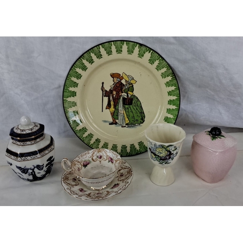 119 - This mixed lot contains five ceramic items. These include a large decorative plate with green accent... 