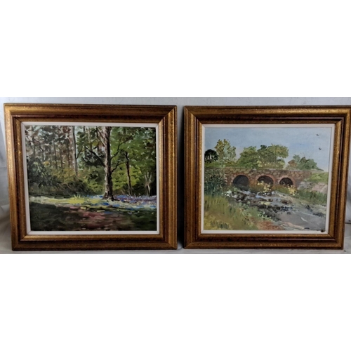 648 - Pair of framed oil paintings show a forest scene and a stone bridge over a stream. The paintings fea... 