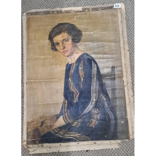 655 - Oil painting on canvas, depicting a seated woman, signed and dated 