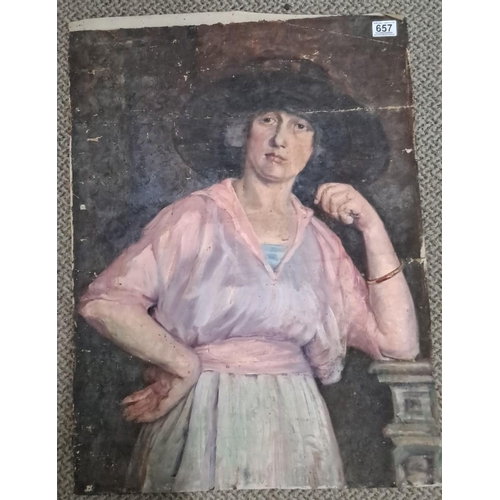 657 - This is an oil painting showcasing a woman dressed in a pink blouse and a black hat. The woman is po... 