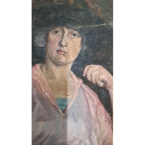 657 - This is an oil painting showcasing a woman dressed in a pink blouse and a black hat. The woman is po... 