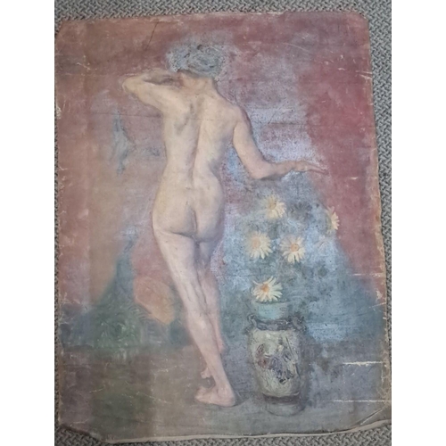 660 - This is an oil on canvas painting that features a nude figure seen from the back, positioned next to... 