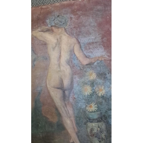 660 - This is an oil on canvas painting that features a nude figure seen from the back, positioned next to... 