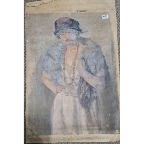 662 - This is a watercolor portrait of a woman dressed in 1920s attire, including a fur stole and a beaded... 